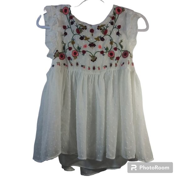 Boho Vintage Chiffon Floral Embroidered Ruffle Peplum Sleeveless Top Size Small - Picture 2 of 7